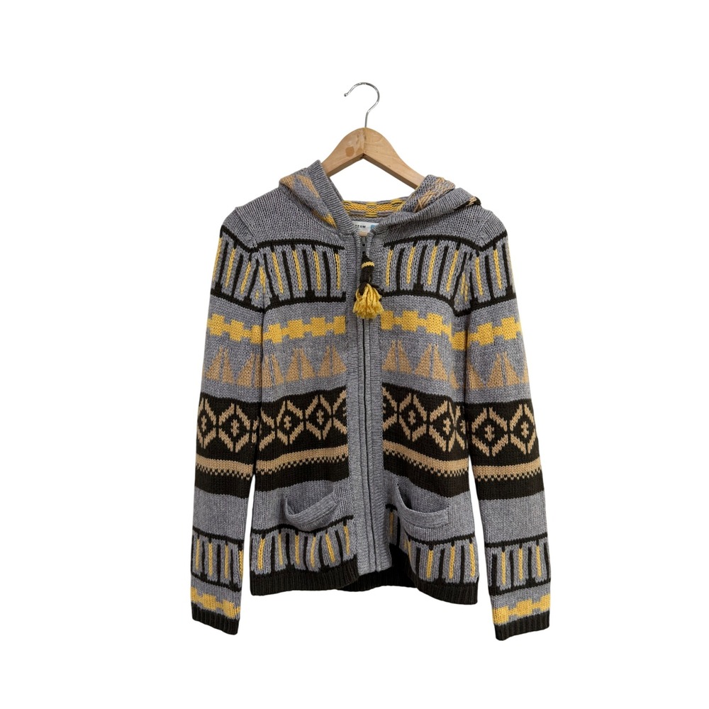 Sparrow Anthropologie Grey Yellow Fair Isle Full Zip Hooded Wool Blend Sweater S